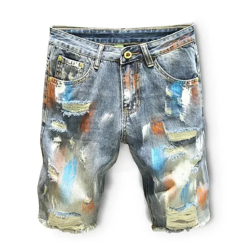 Men's Short Jeans Pants Multi Color Ripped Graffiti Male Denim Shorts Korean Fashion Blue New in Cut Emo Trend 2024 Original Xl